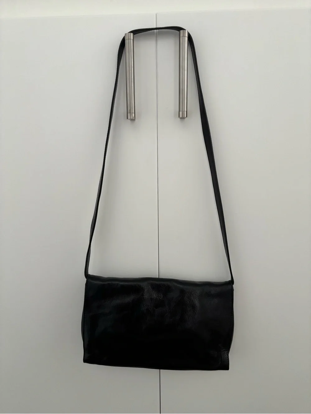 Miss Sixty Black Leather Messenger Bag with Metal Button Accents